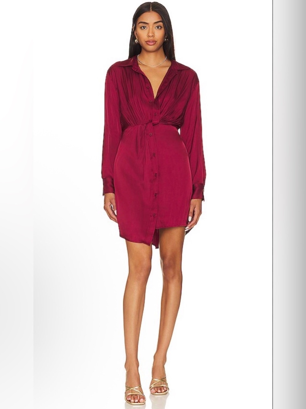 Steve Madden Burgundy Satin Mini Shirt Dress Ruched Twist Front Long Sleeve M